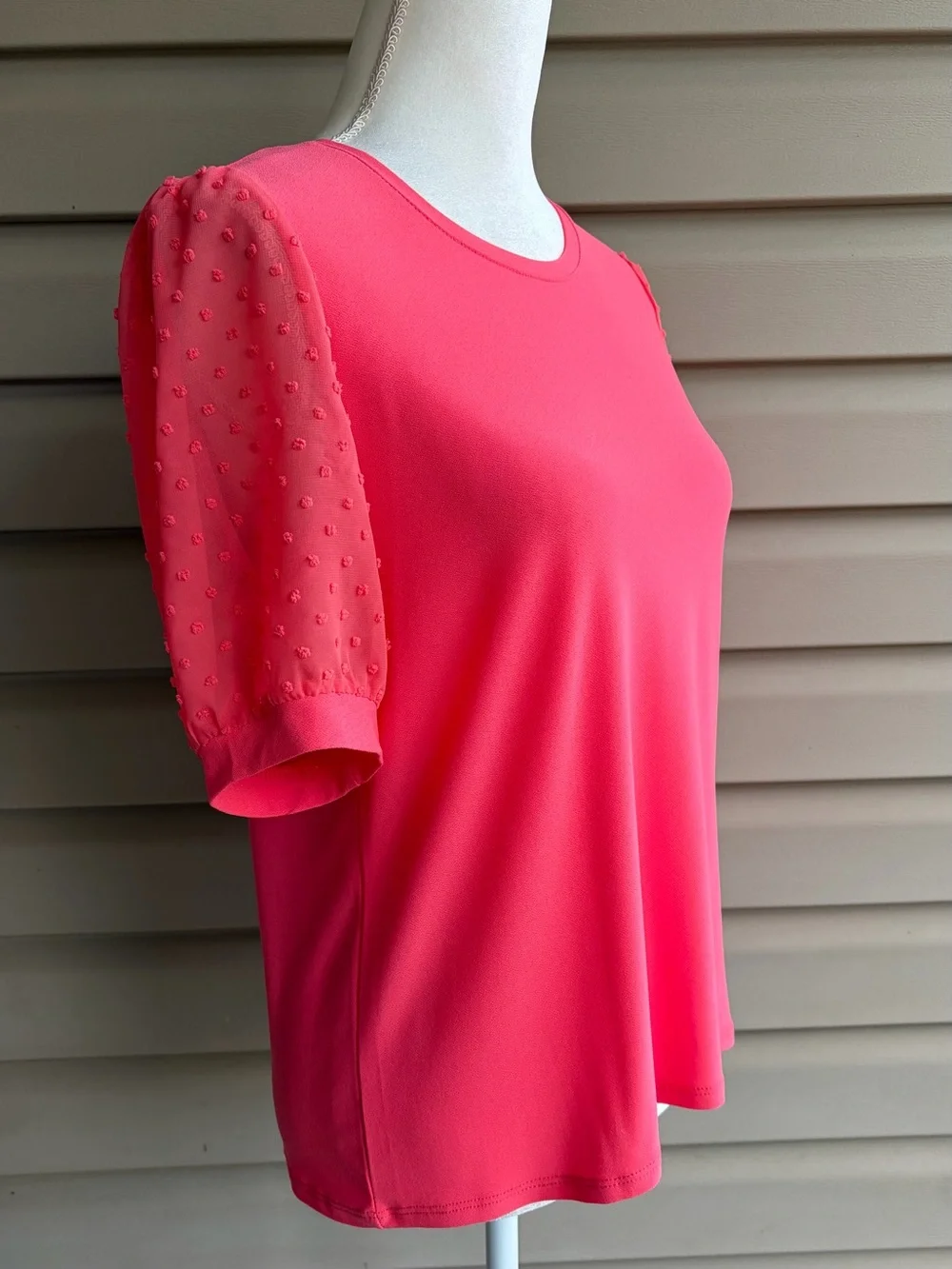 •CeCe• Coral Puff Sleeve Clip Dot Mixed Media Knit Top - Size Medium - Picture 5 of 8